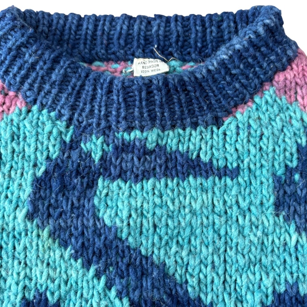VTG Hand Made Ecuador Wool Sweater Mens Womens M Geometric Bird Knit Pullover - Picture 7 of 7